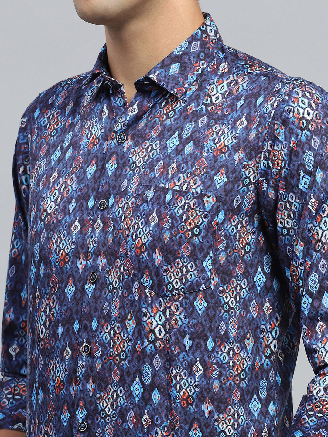 Men Blue Printed Collar Full Sleeve Shirt