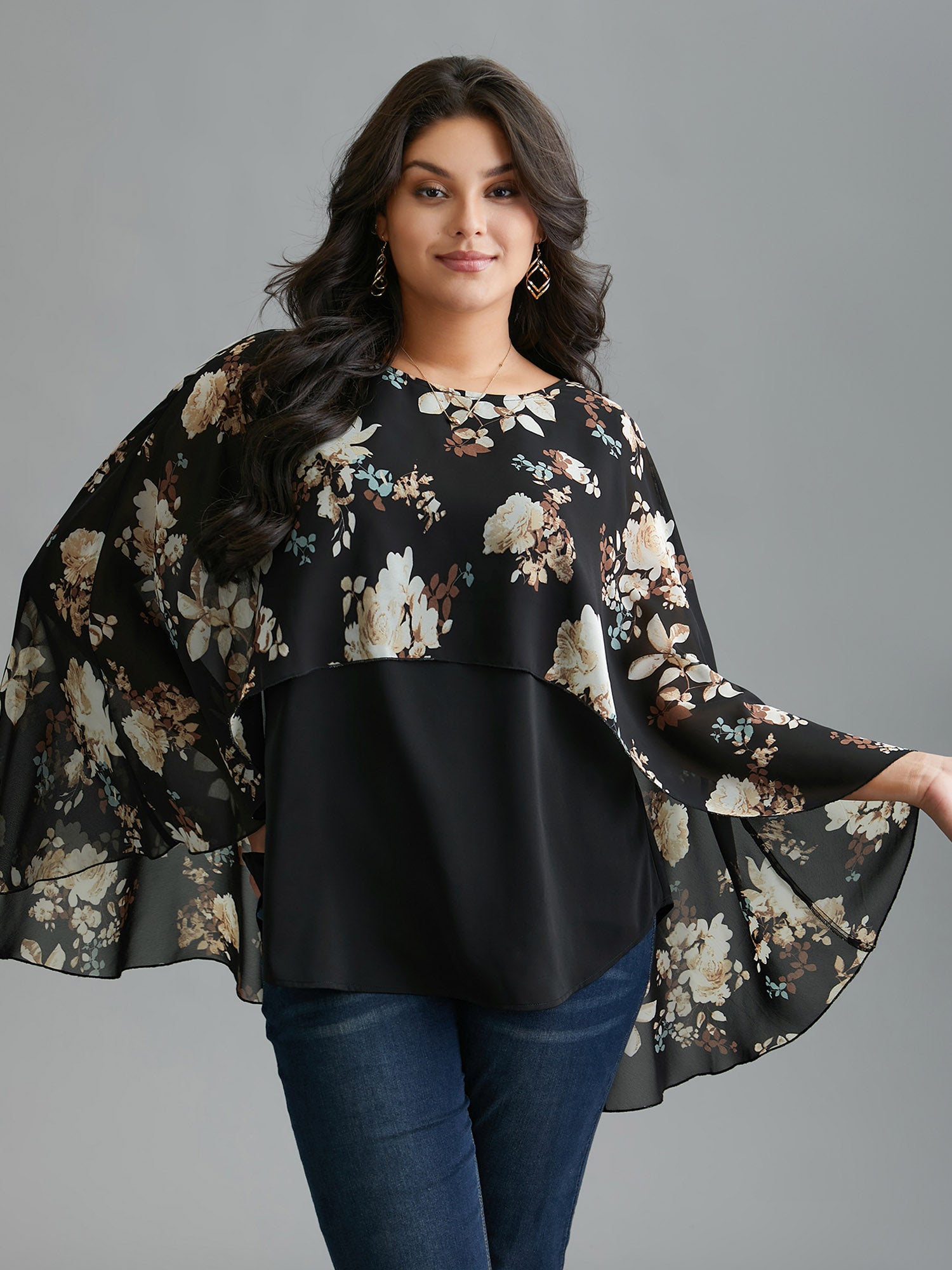 Floral Chiffon High Low Hem Ruffles Blouse