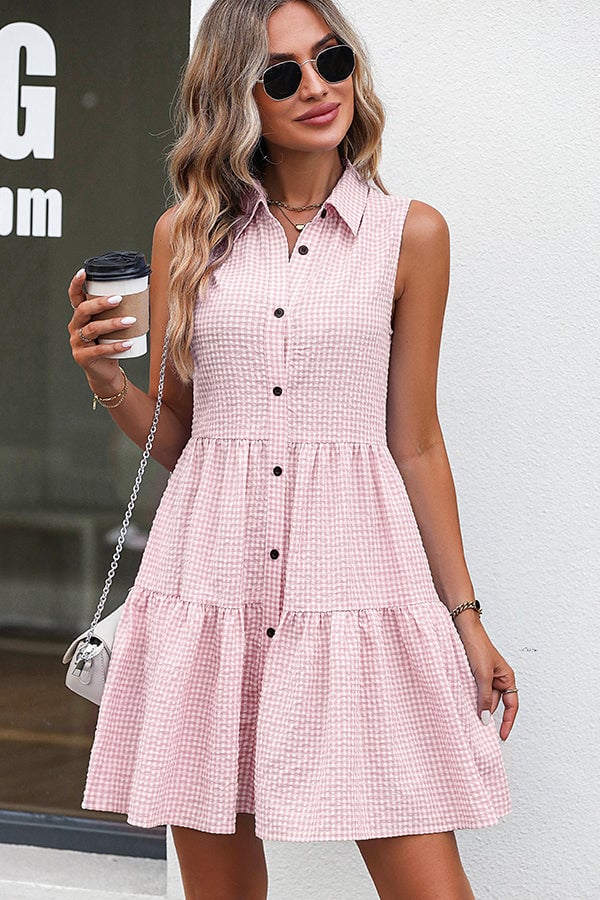 Lapel Sleeveless Plaid Print Mini Dress