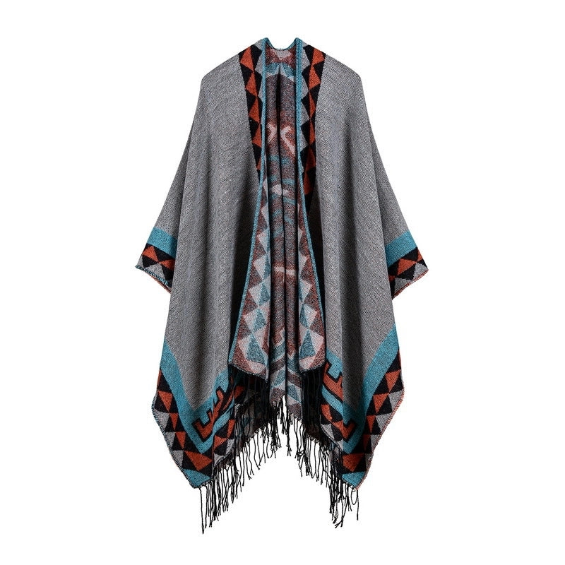 Export Women's Rhombus Tassel Lengthened Hot Selling Imitation Cashmere Shawl Both Sides Available Thickened Cape