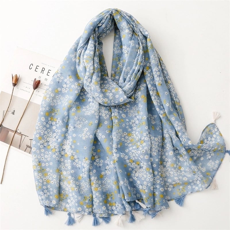Yarn Cotton Fruit Green Bright Yellow Leaf Printing Tassel Scarf Shawl