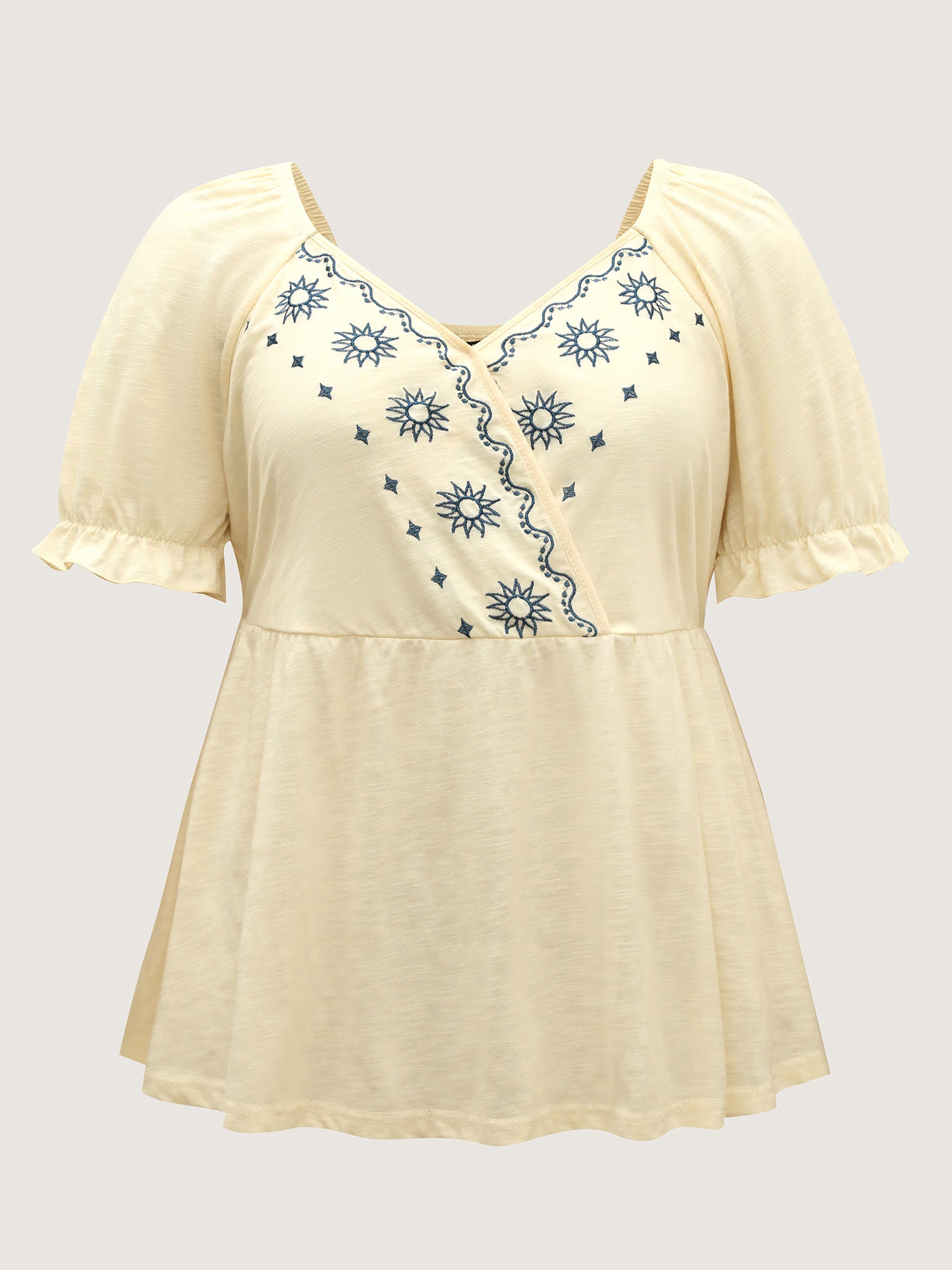 Boho Embroidery Surplice Neck Babydoll Top