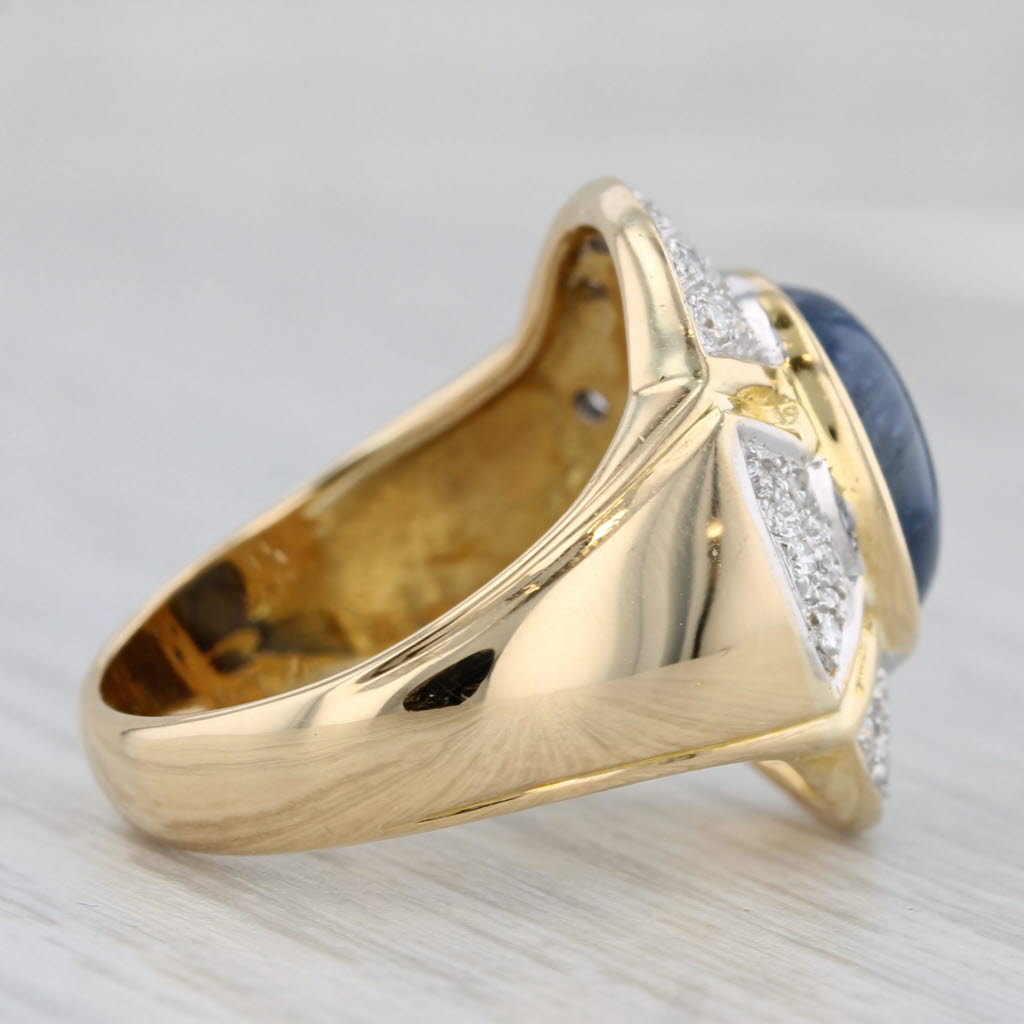 Oval Cabochon Blue Sapphire Diamond Halo Ring 18k Yellow Gold Size 6.75-7