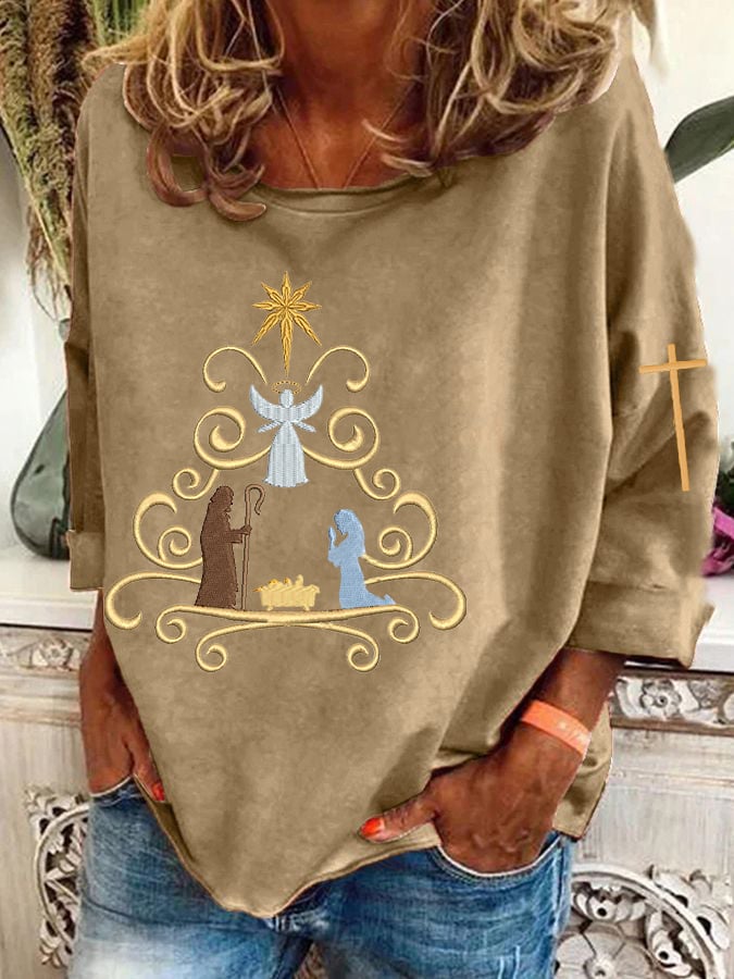 Women's Christmas Nativity Christmas Tree Cross  Print T-Shirt