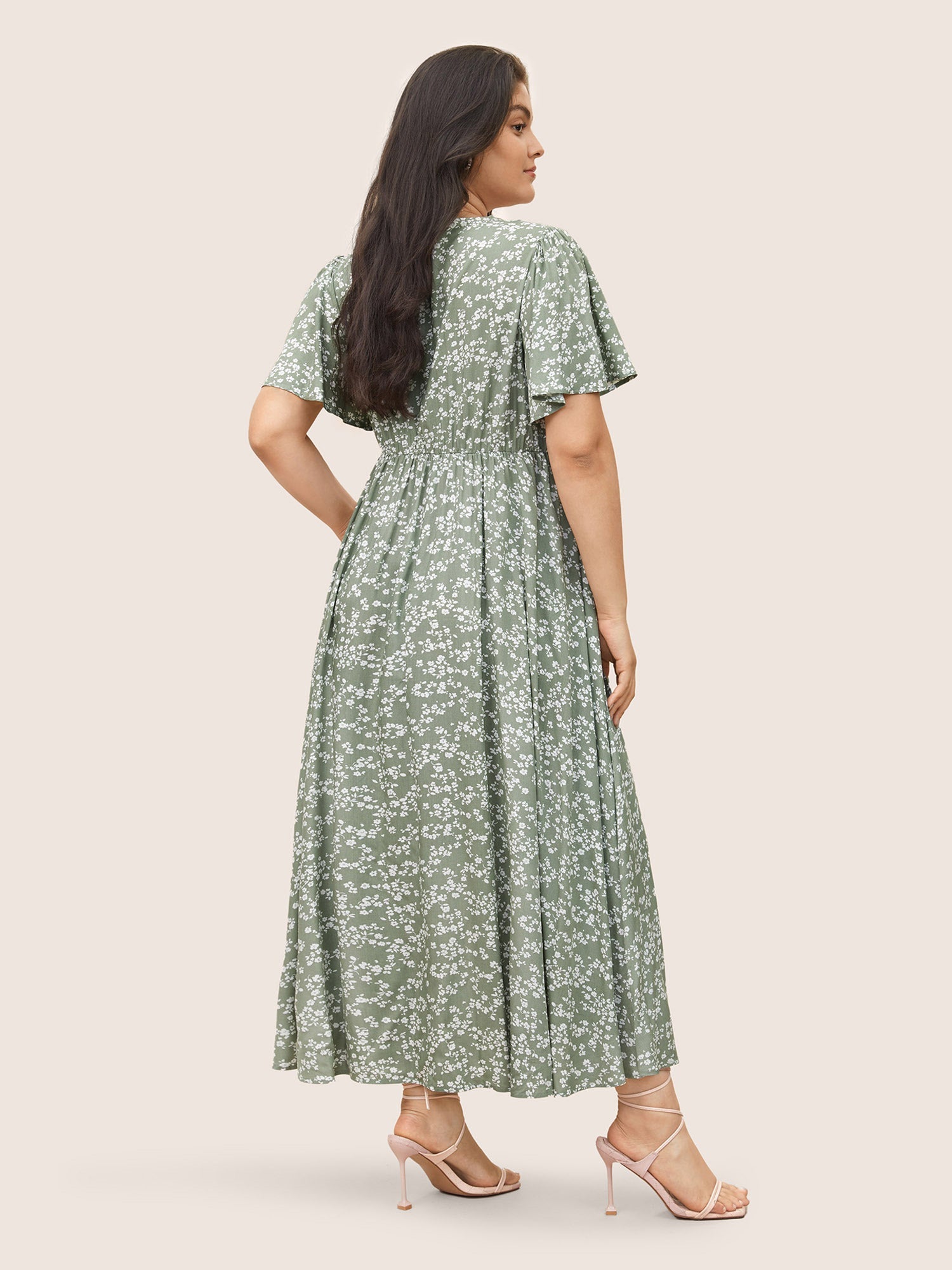 Bloom Dress - Flutter Sleeve Ditsy Floral Bag Split Maxi Dress