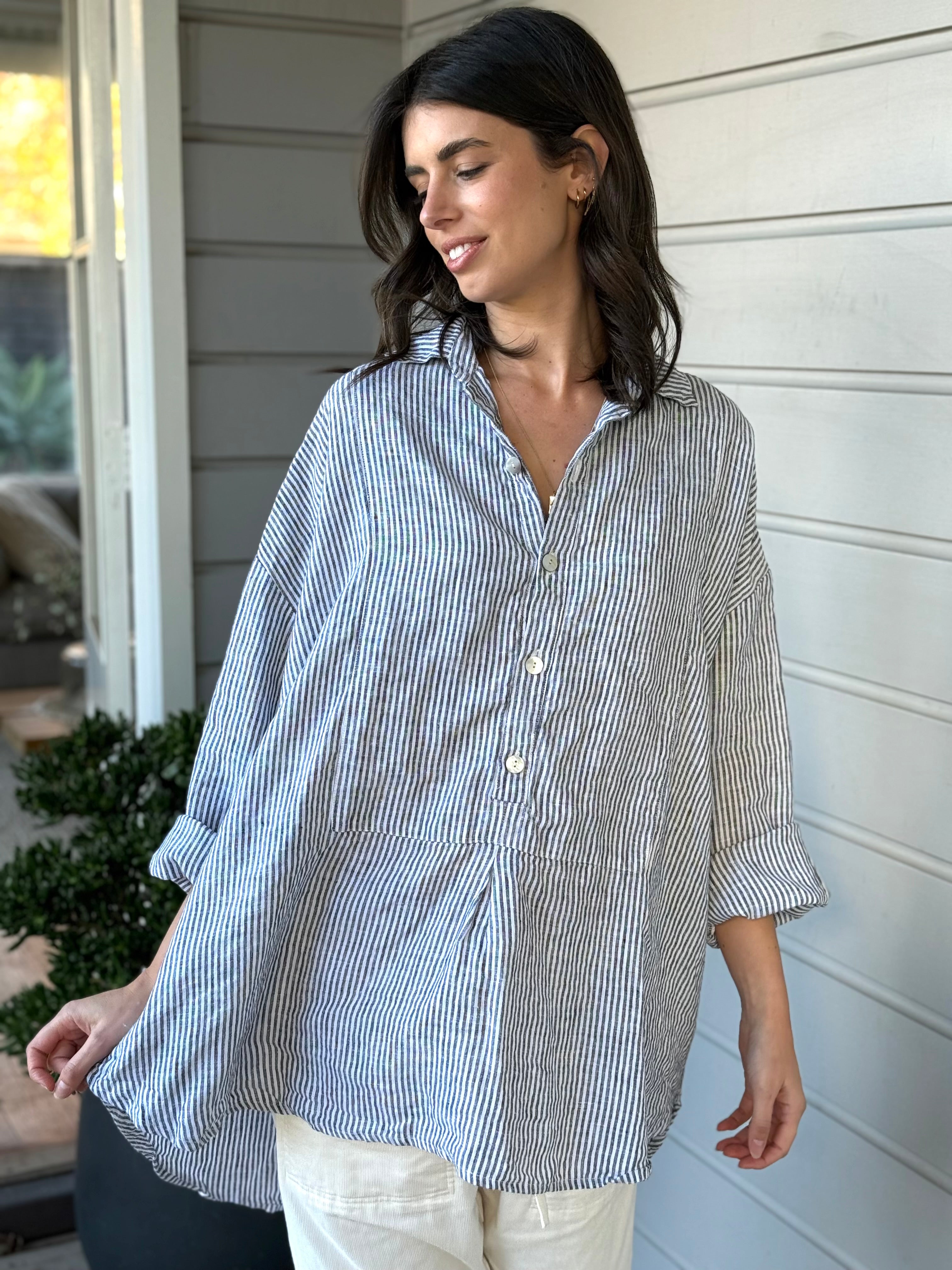 megan shirt -charcoal stripe linen
