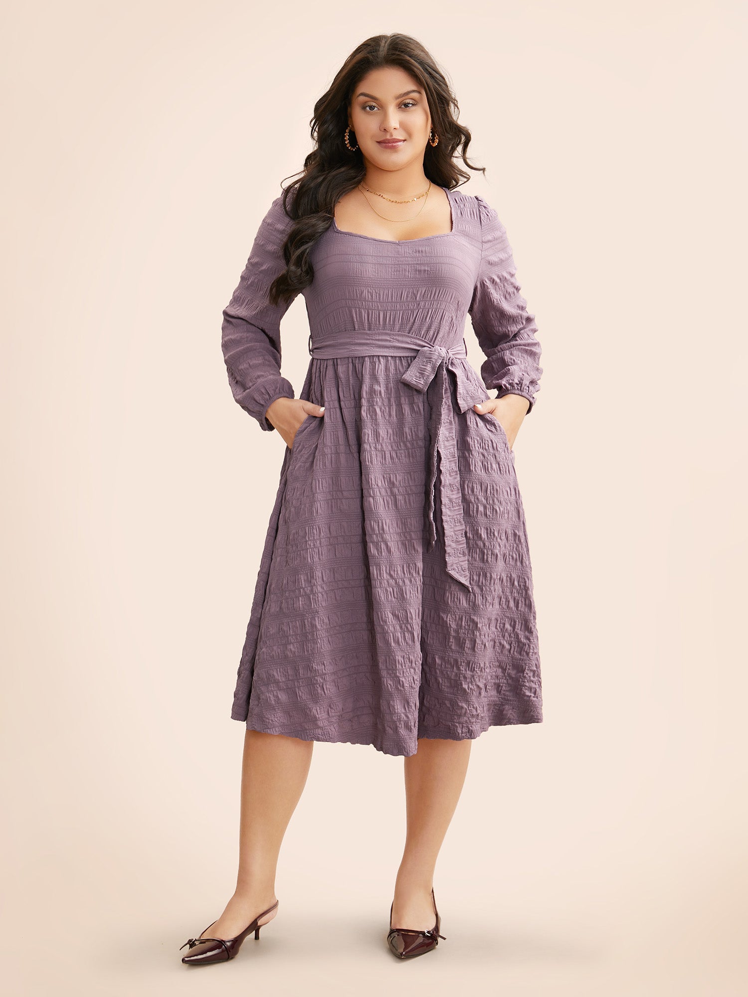 Square Neck Plain Textured Belted Dress