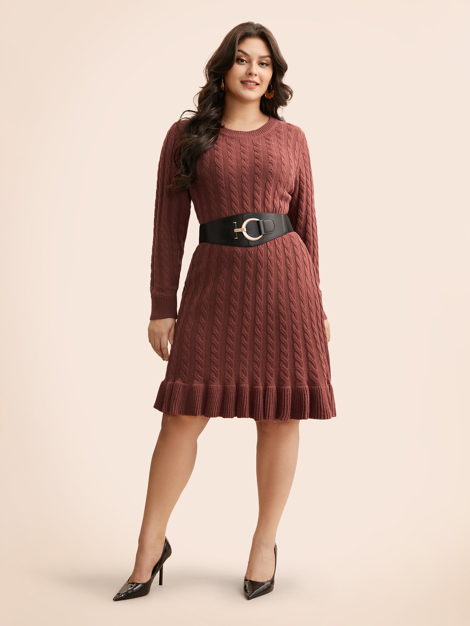 Round Neck Cable Knit Ruffle Trim Sweater Dress