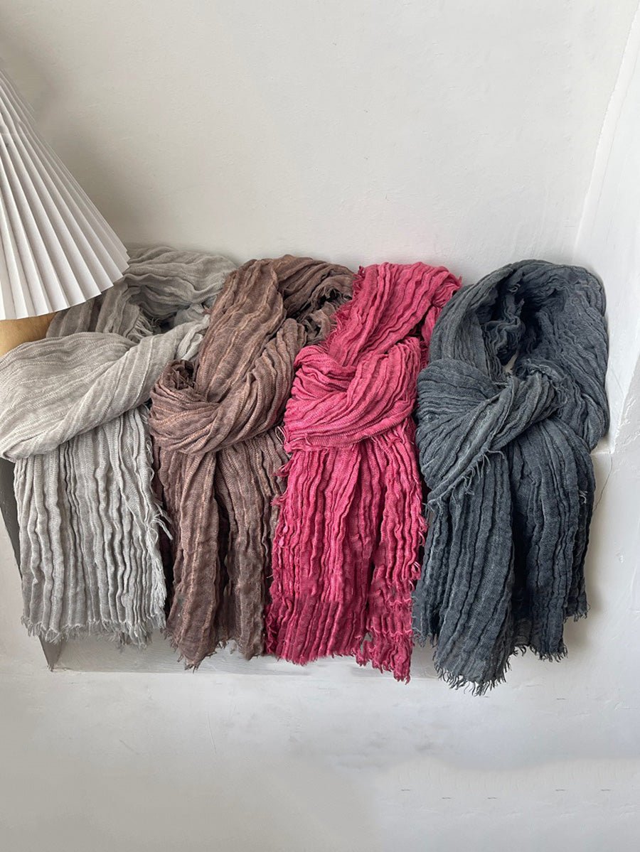 Women Vintage Shirred Pure Color Tassel Shawl Scarf