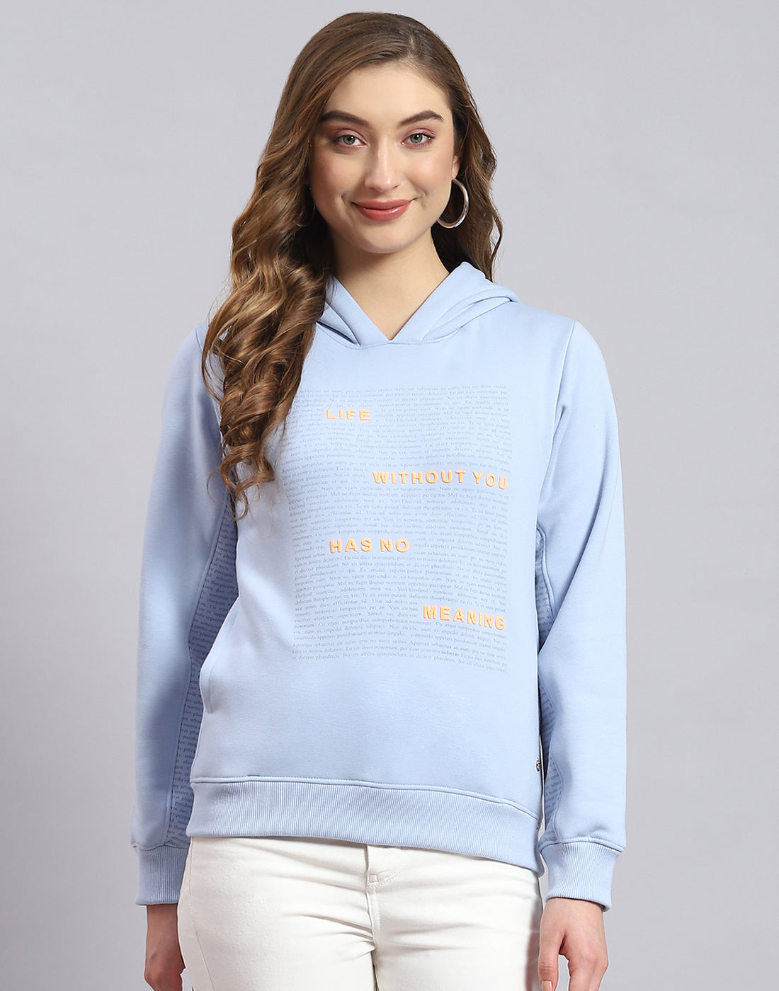 Women Blue Printed Hooded Full Sleeve Sweatshirt