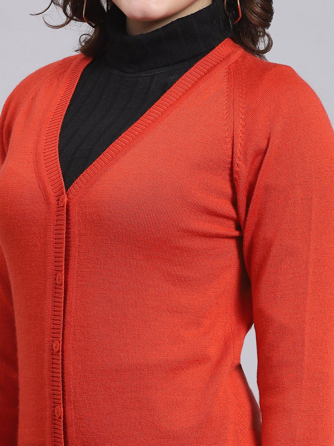 Women Red Solid V Neck Full Sleeve Cardigan