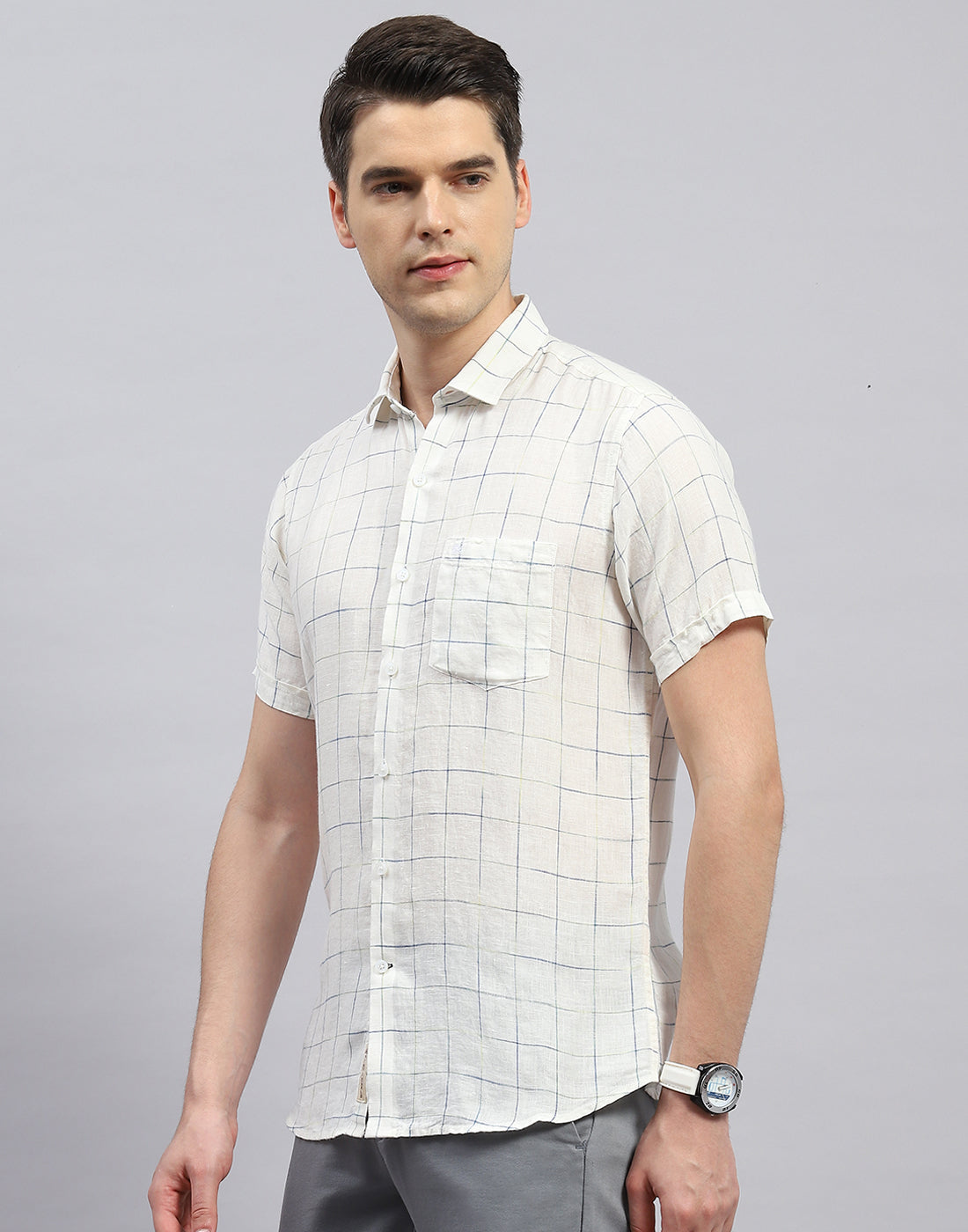 Men White Check Collar Half Sleeve Shirt