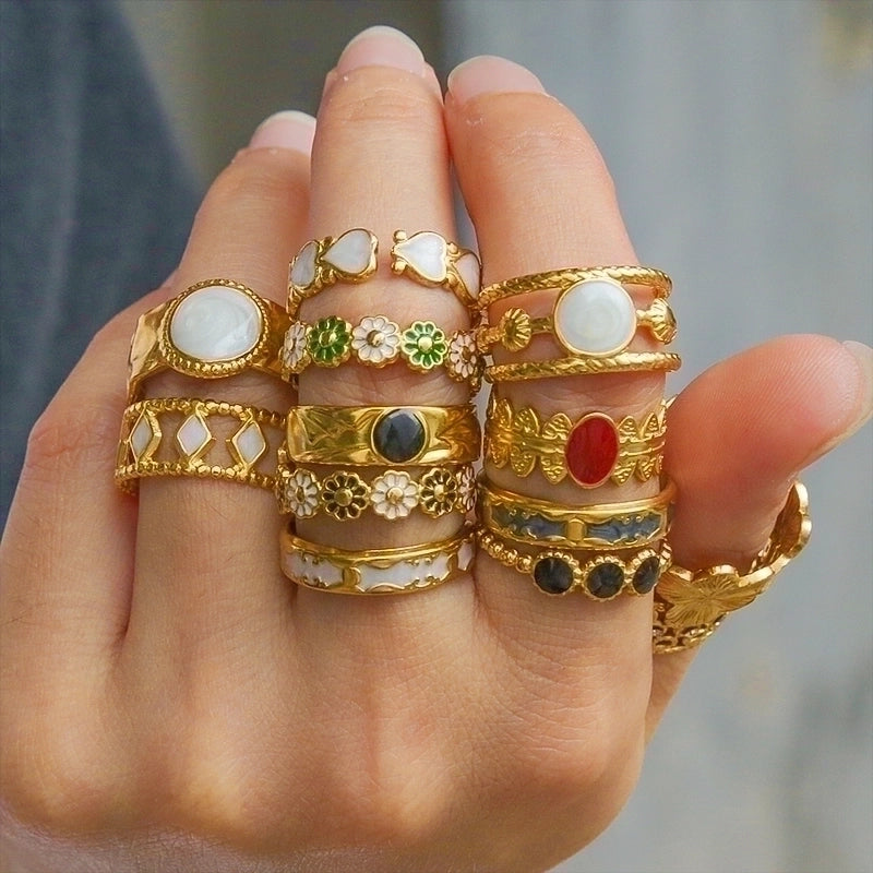 Rock Oversized Leaves Eye Flower 304 Stainless Steel Gem 18K Gold Plated Inlay Open Rings