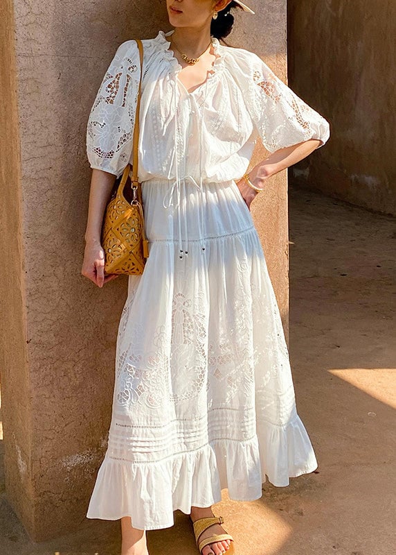 Art White Ruffled Hollow Out Cotton Shirts And Skirts Two Pieces Set Half Sleeve