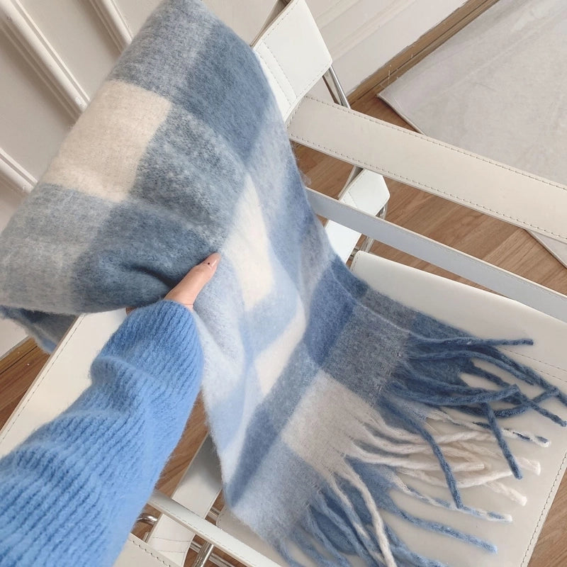 Mohair Plaid Scarf Women's Winter  Versatile Tassel Student Long Thickened Warm Scarf Large Shawl Fashion