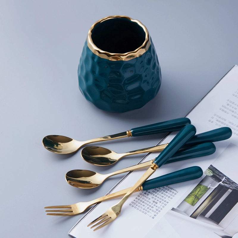 Simple Light Luxury Fruit Fork Spoon Ceramic Storage Cans Set Creative Fruit Sticks Household Stainless Steel Knife Fork Spoon