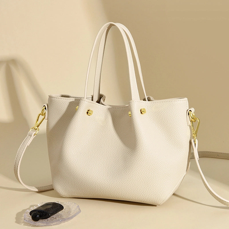 Women's Pu Leather Solid Color Basic Sewing Thread Bucket Zipper Shoulder Bag Handbag Crossbody Bag