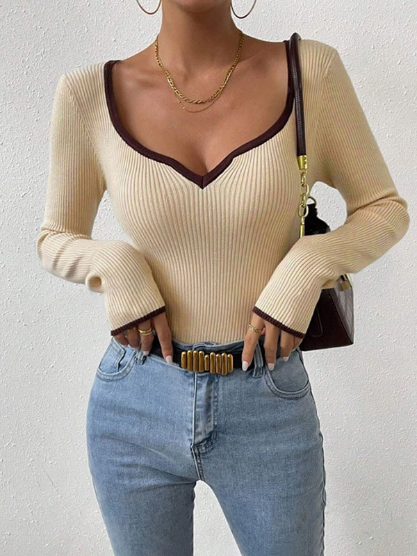 Long Sleeves Skinny Contrast Color Pleated Split-Joint V-Neck T-Shirts
