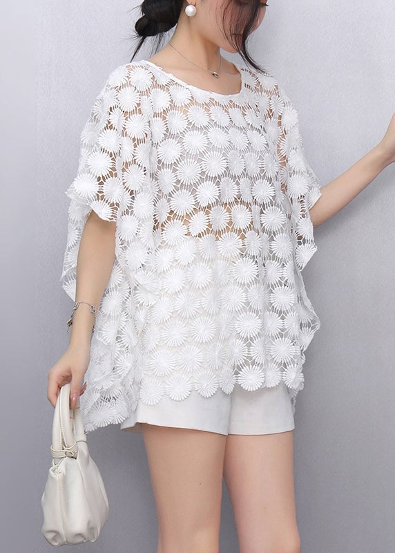 Bohemian White O-Neck Hollow Out Lace T Shirt Summer