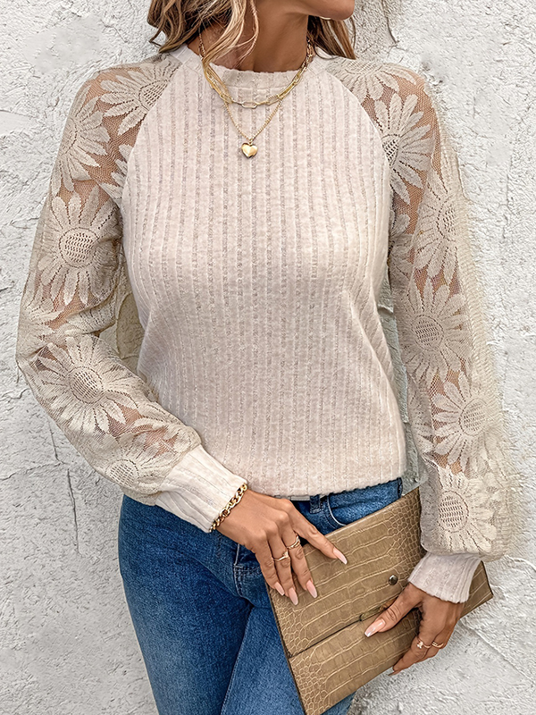 Long Sleeves Loose See-Through Split-Joint Round-Neck T-Shirts Tops