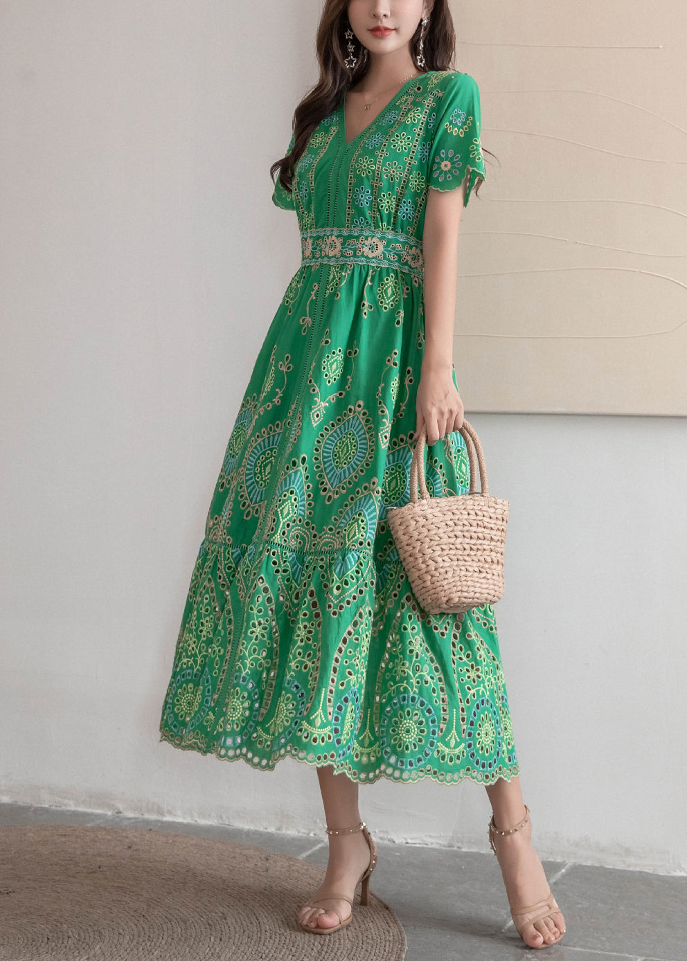 French Green Embroidered Hollow Out Cotton Long Dresses Summer