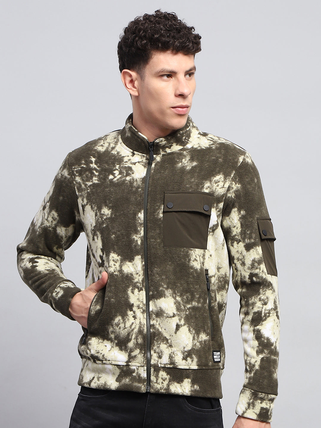 Men Olive Printed Mock Neck Full Sleeve Sweatshirt