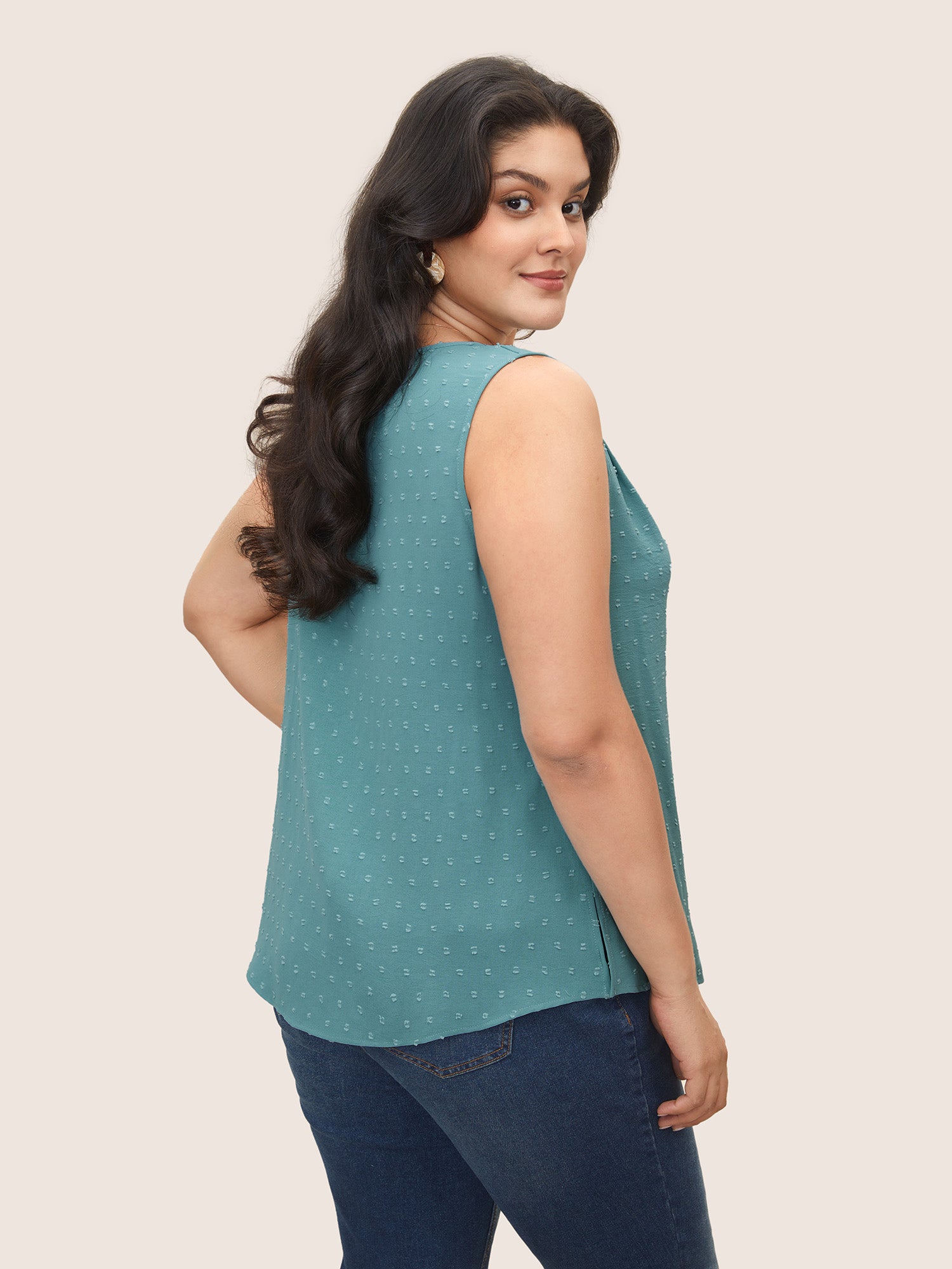 Jacquard Pleated Button Detail Tank Top