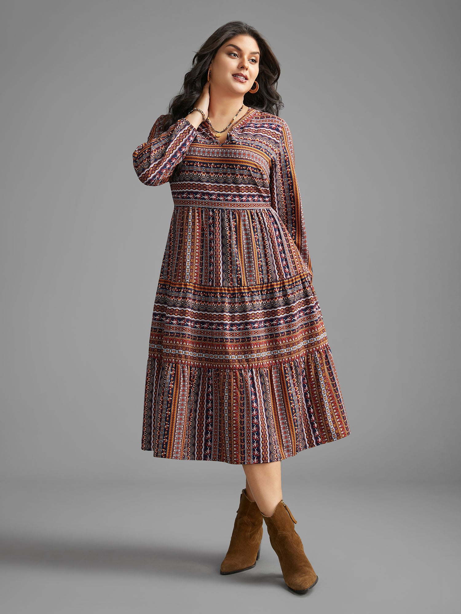 Bandana Striped Ruffle Layered Hem Dress