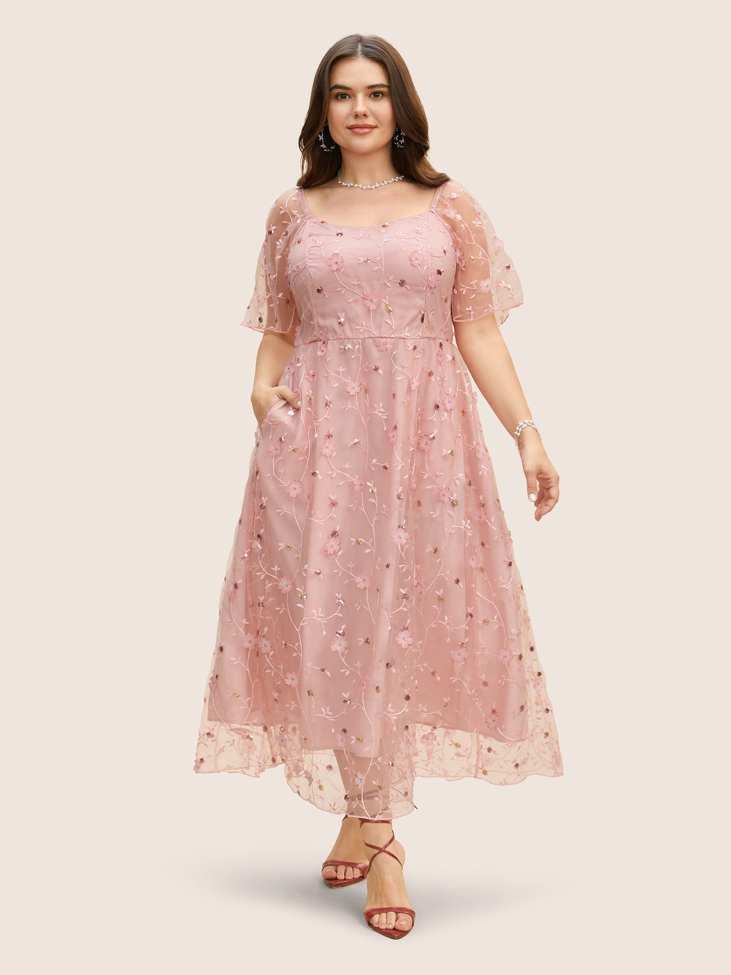 Heart Neckline Floral Embroidered Sequin Mesh Dress