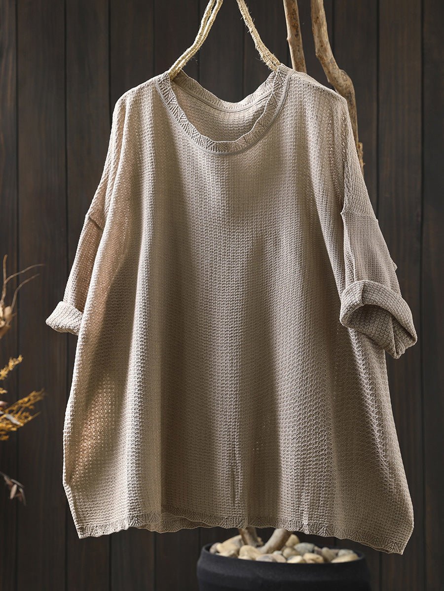 Women Summer Artsy Pure Color Knitted O-Neck Shirt
