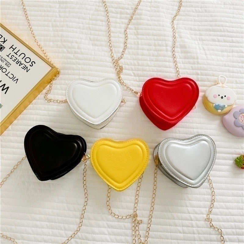Girl's Pu Leather Heart Shape Solid Color Cute Heart-shaped Zipper Shoulder Bag Crossbody Bag Chain Bag