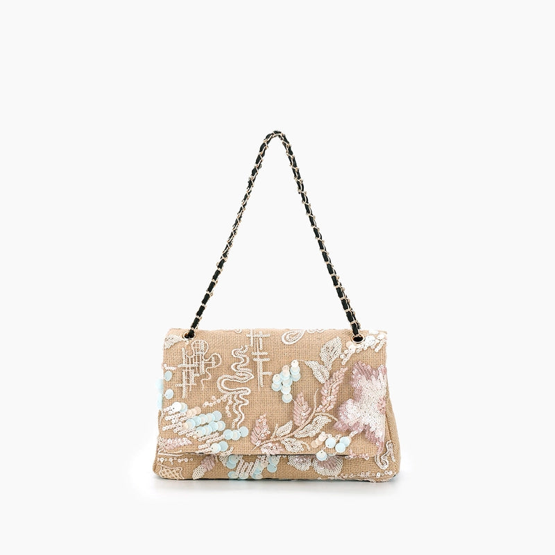 10 Pieces Women's Large Hemp Material Flower Elegant Sequins Square Flip Cover Crossbody Bag