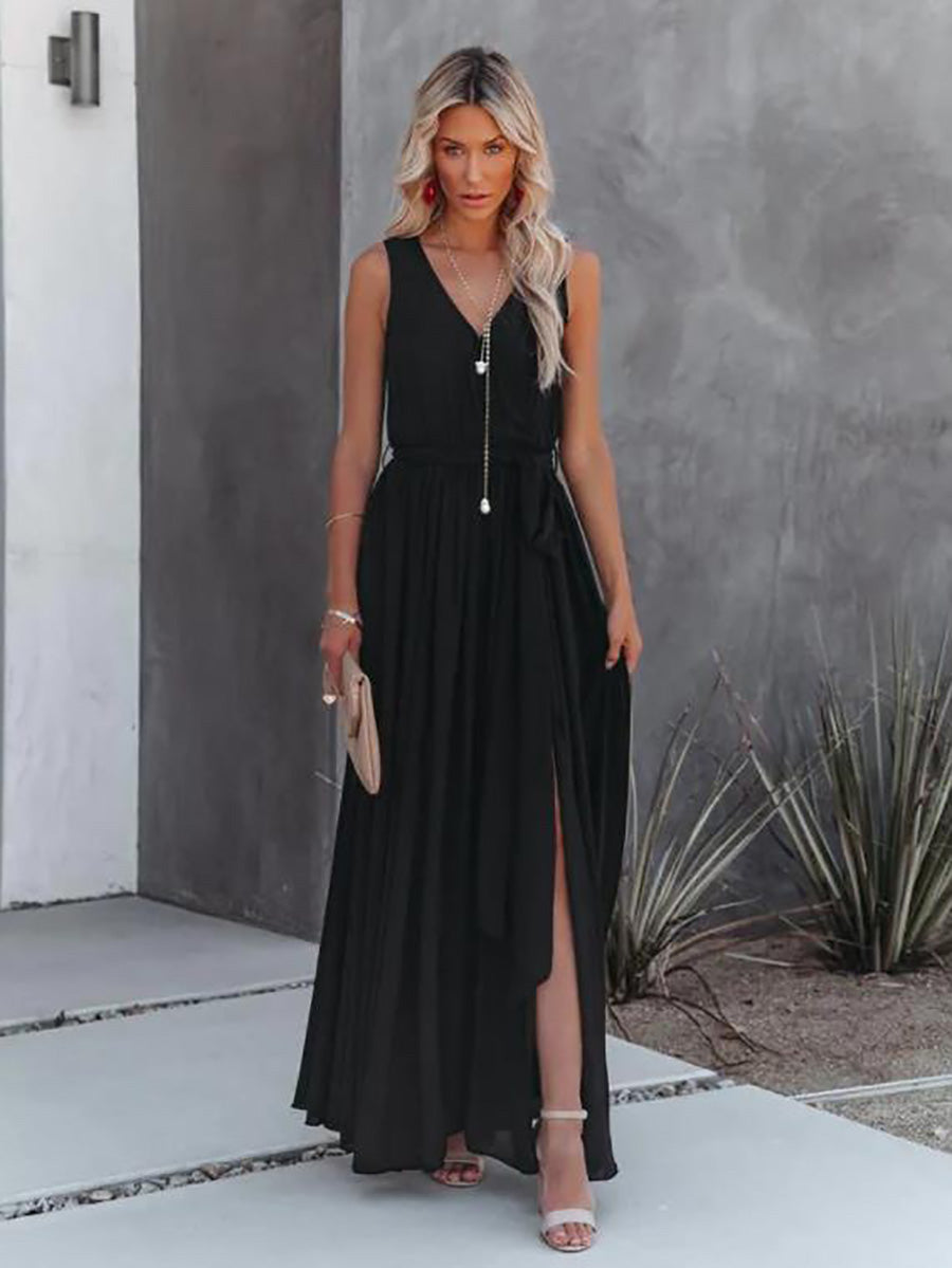 V-Neck Sleeveless Solid Color Dress