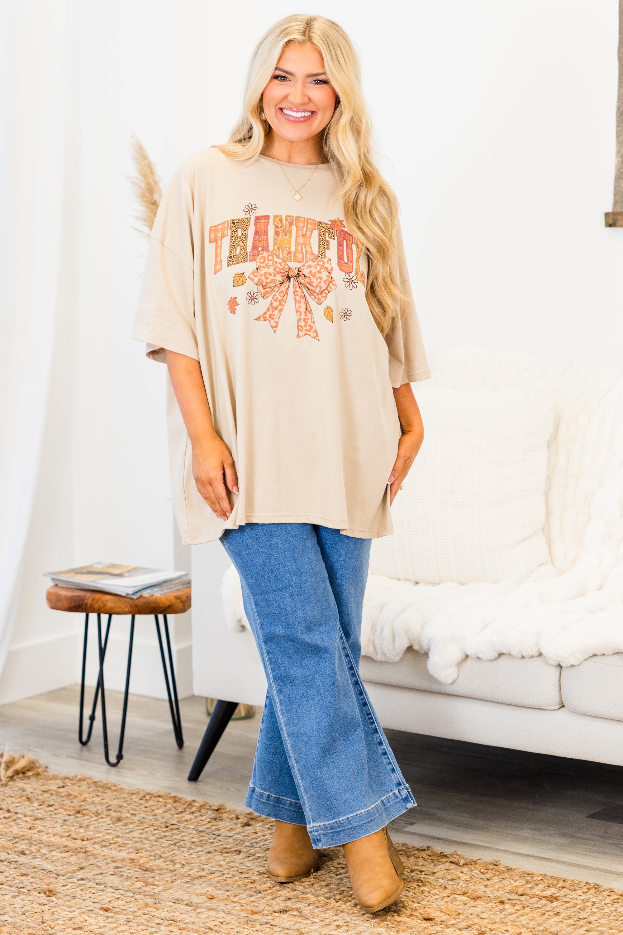 Thankful Time Boyfriend Tee. Light Mocha