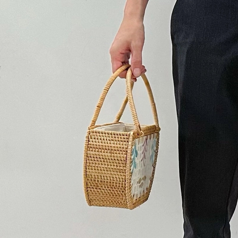 Women's Medium Straw Flower Vintage Style Beach Weave String Straw Bag