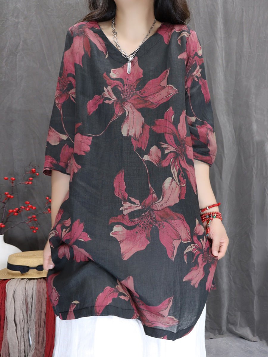 Women Summer Flower 100%Ramie V-Neck Long Shirt