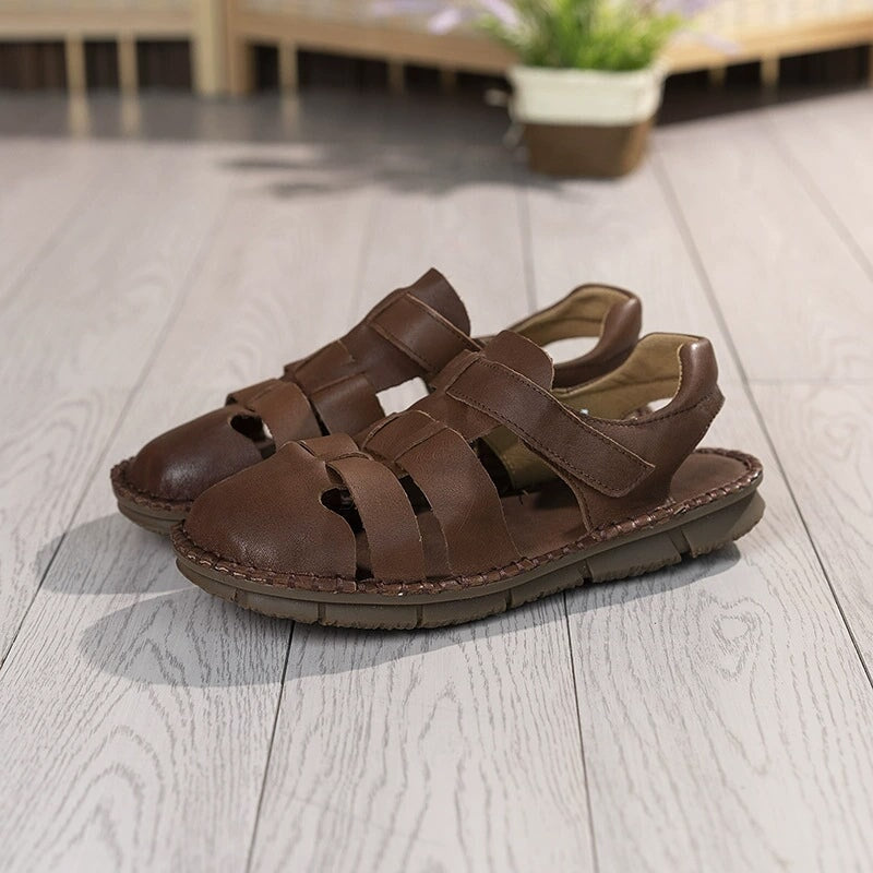 Genuine Leather Gladiator Sandals Summer Breathable Velcro Flat Shoes in Beige/Khaki/Coffee