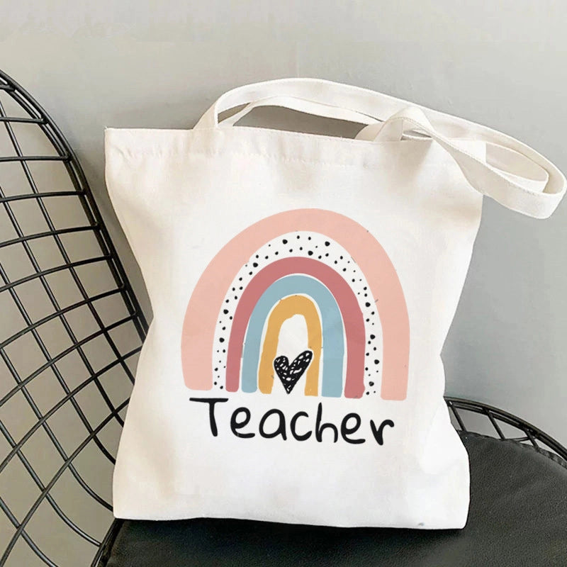 Hot Selling Kawaii Heart-shaped Printed Tote Bag For Teachers And Students One-shoulder Large Capacity White Cotton Bag