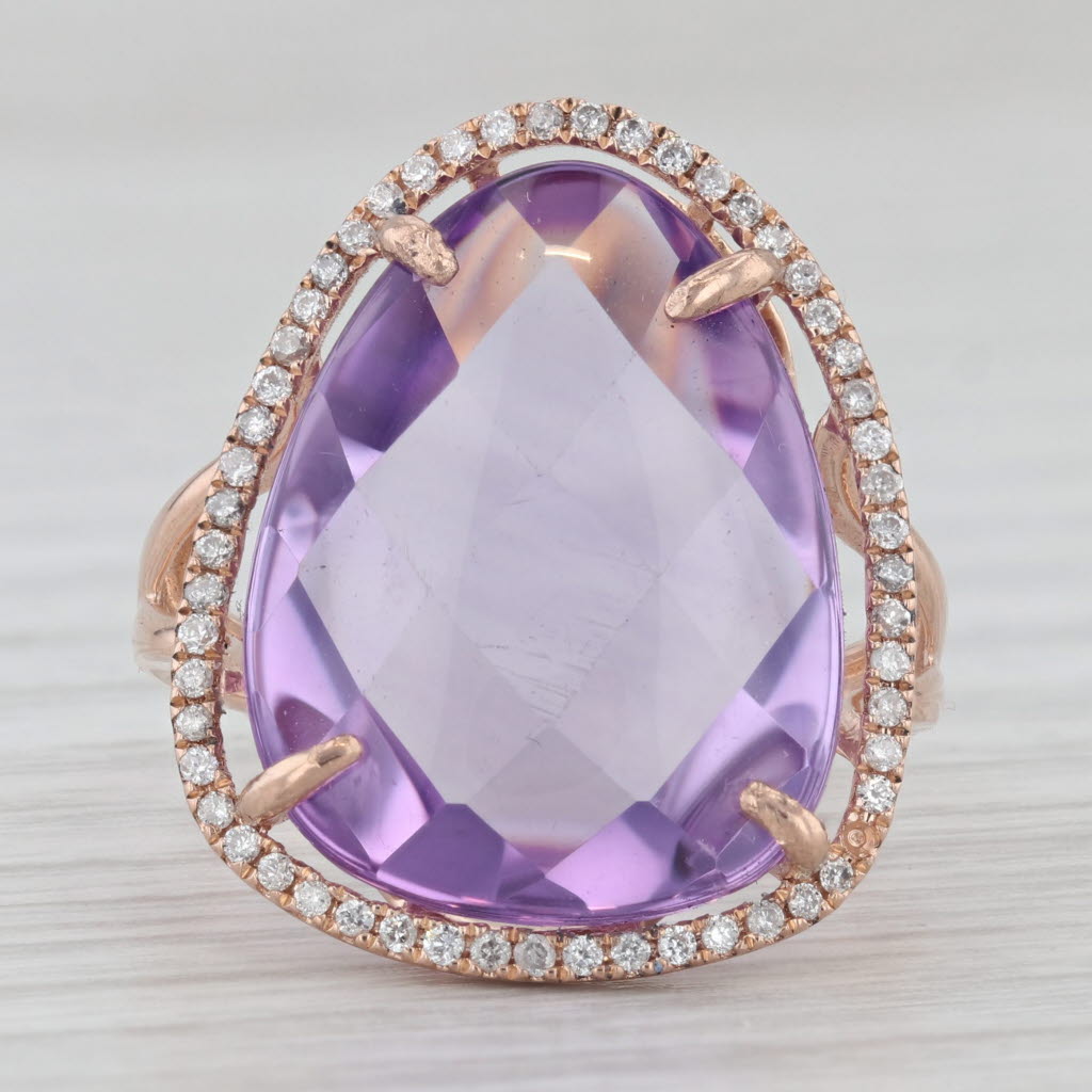 Amethyst Diamond Halo Ring 14k Rose Gold Size 7 Cocktail