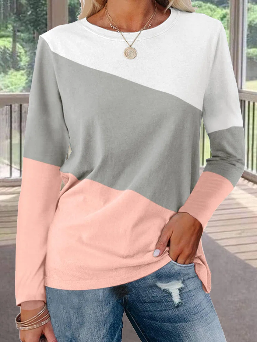 Crew Neck Color Block Casual Long Sleeve T-Shirt/Tee