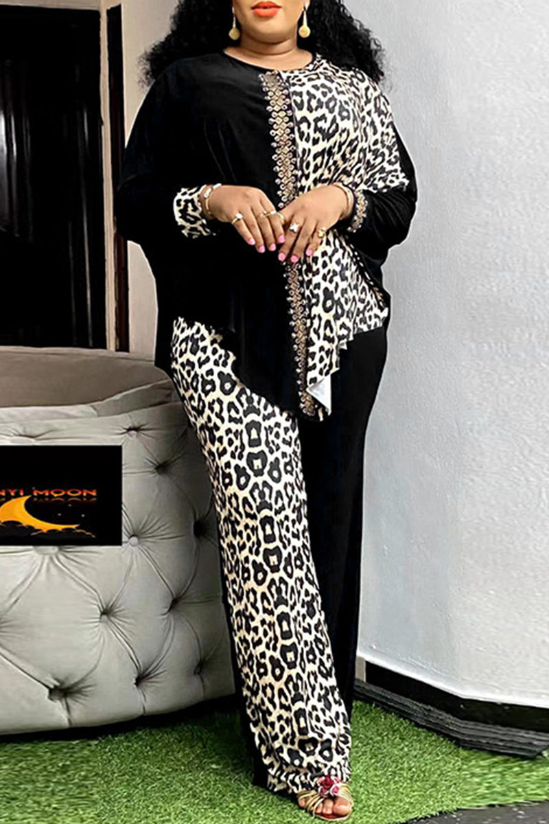 Casual Leopard Print Patchwork Hot Drill O Neck Plus Size Two Pieces