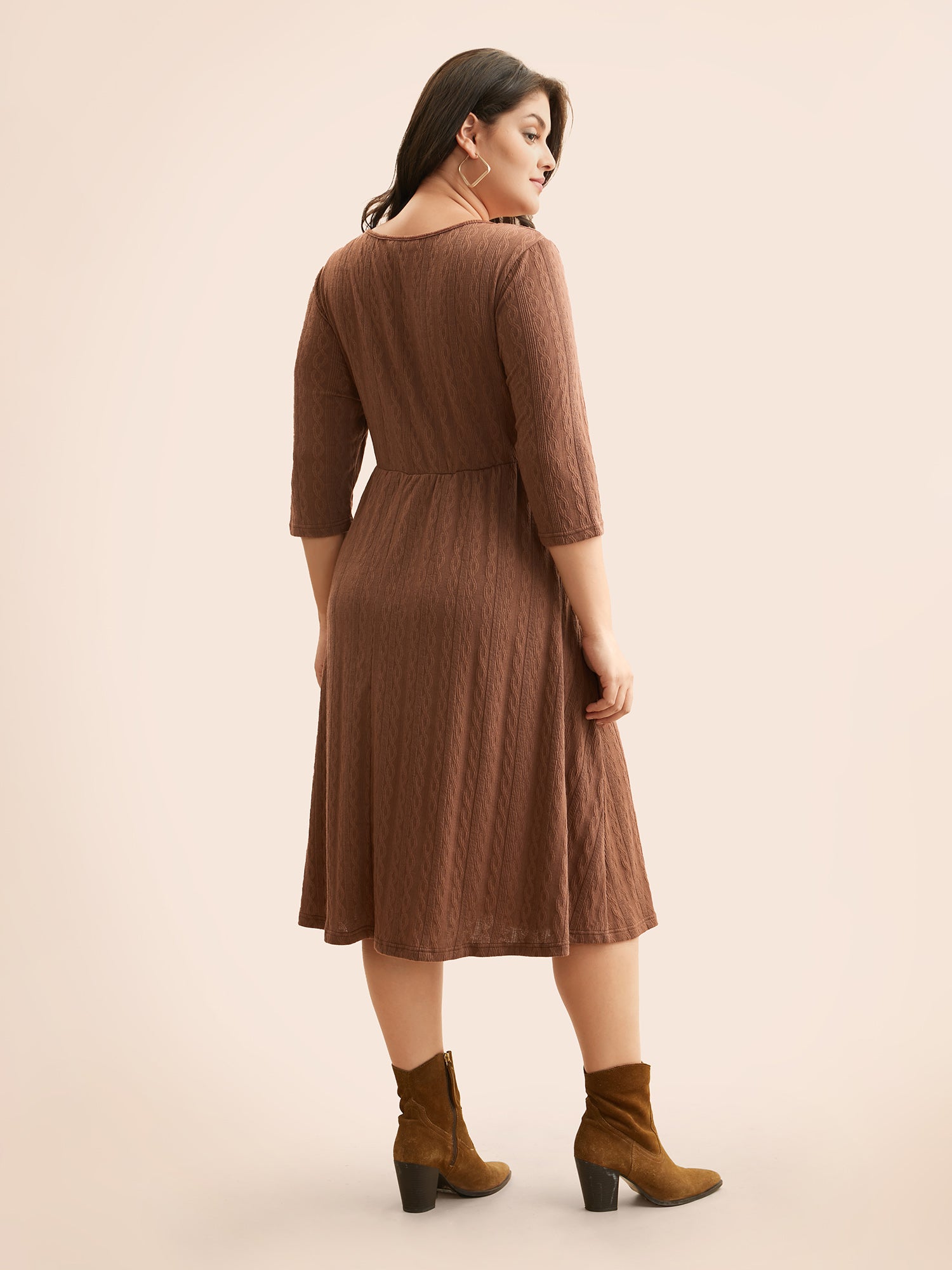 Plain Textured Button Detail Midi Dress
