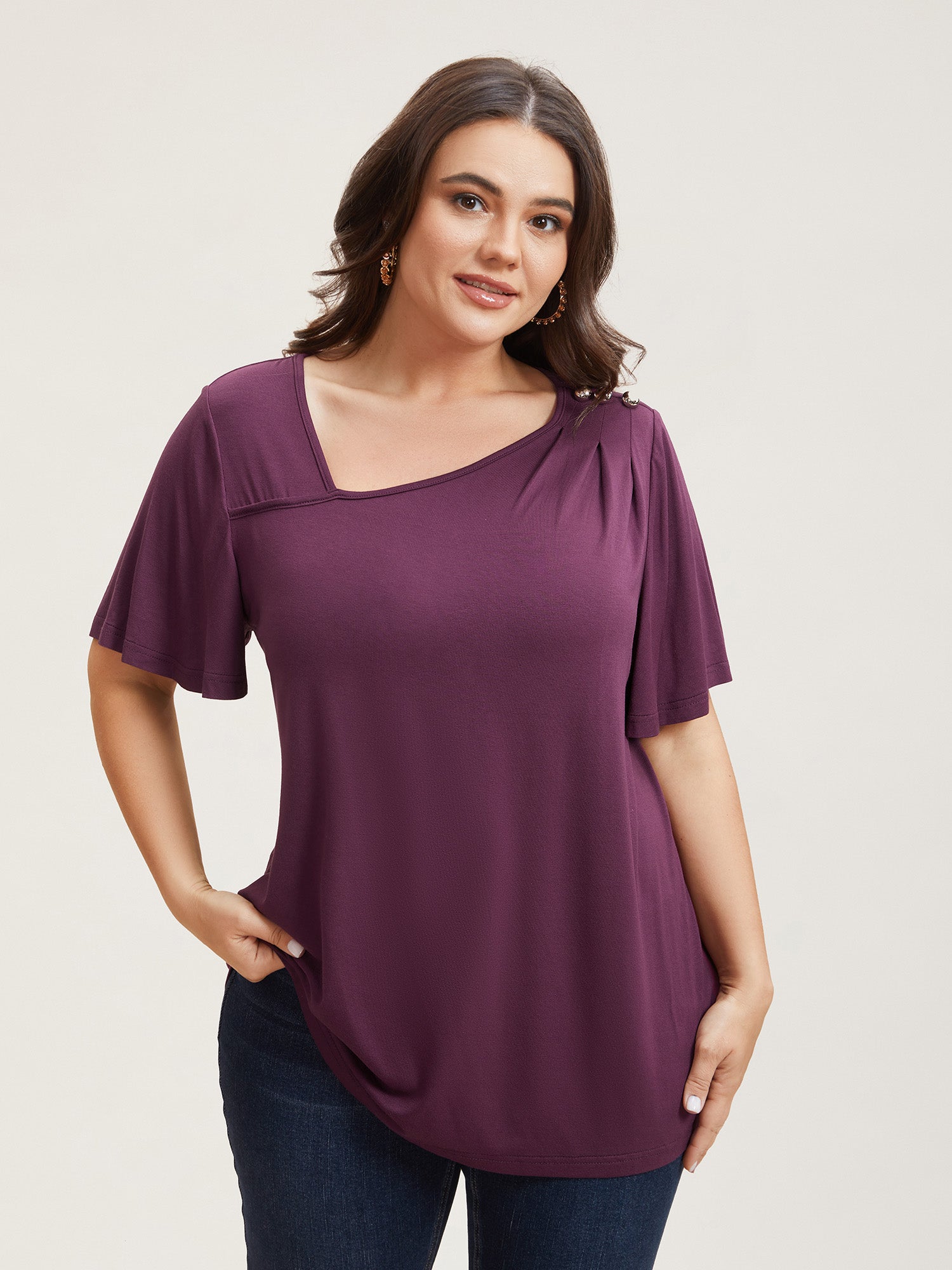 Supersoft Asymmetrical Neckline Flutter Sleeve T-Shirt