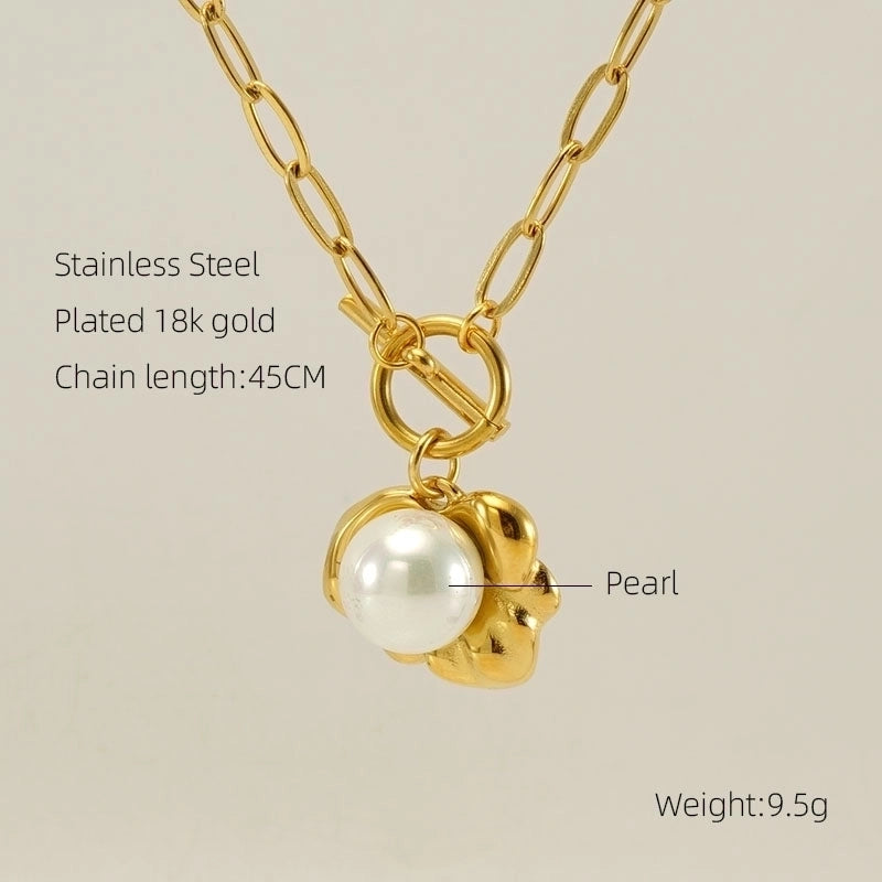 Stainless Steel 18K Gold Plated Retro Plating Inlay Oval Eye Gem Pearl Pendant Necklace Long Necklace