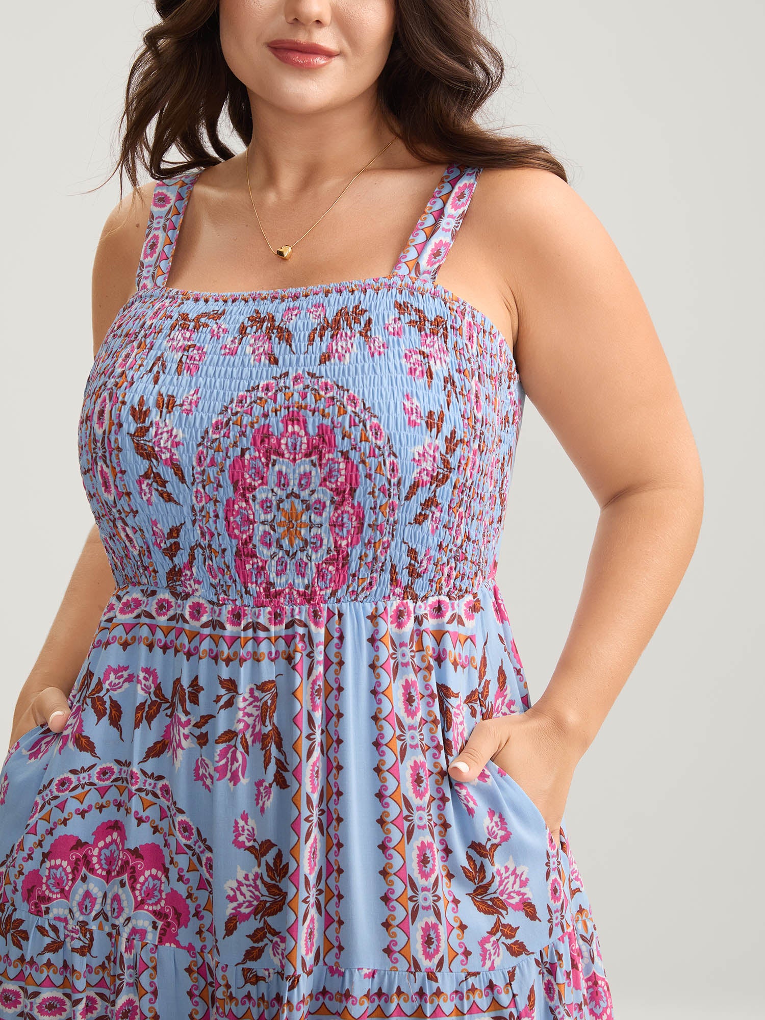 Rayon Floral Print Shirred Pockets Midi Dress