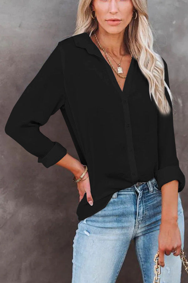 Casual Loose Long Sleeve Button V Neck Shirt Top