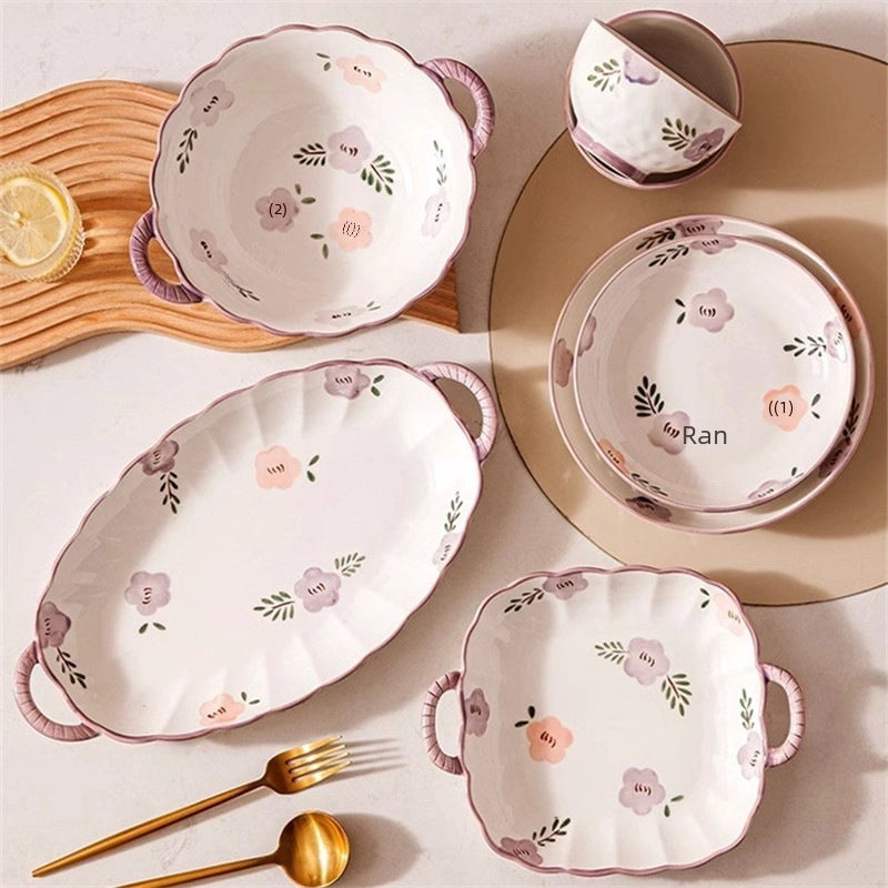 Purple Ceramic Bowl And Dish Set Household  Bowl And Dish Fresh Dinner Housewarming Dish Bowl And Chopsticks Set