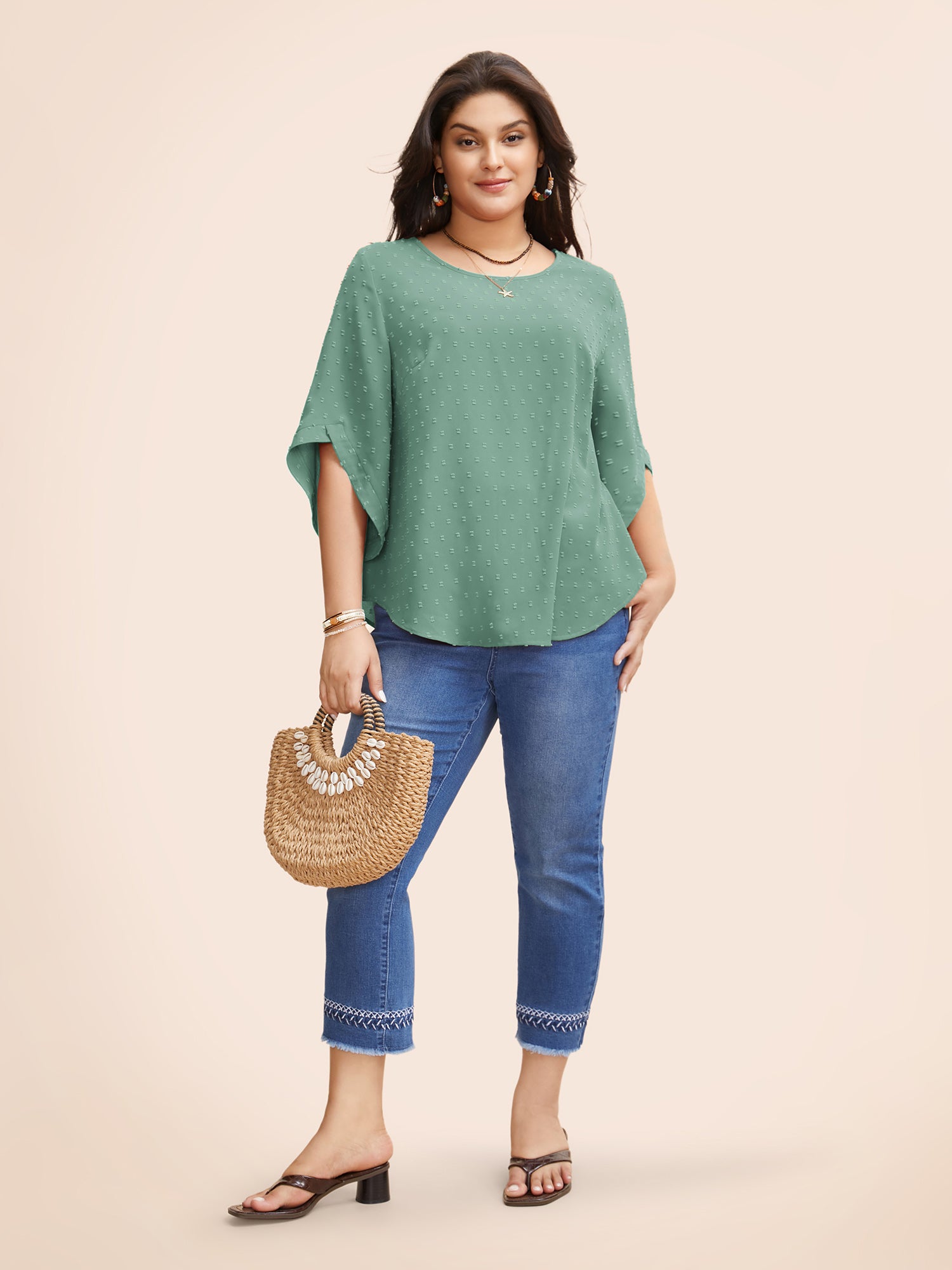 Textured Round Neck Bell Sleeve Blouse