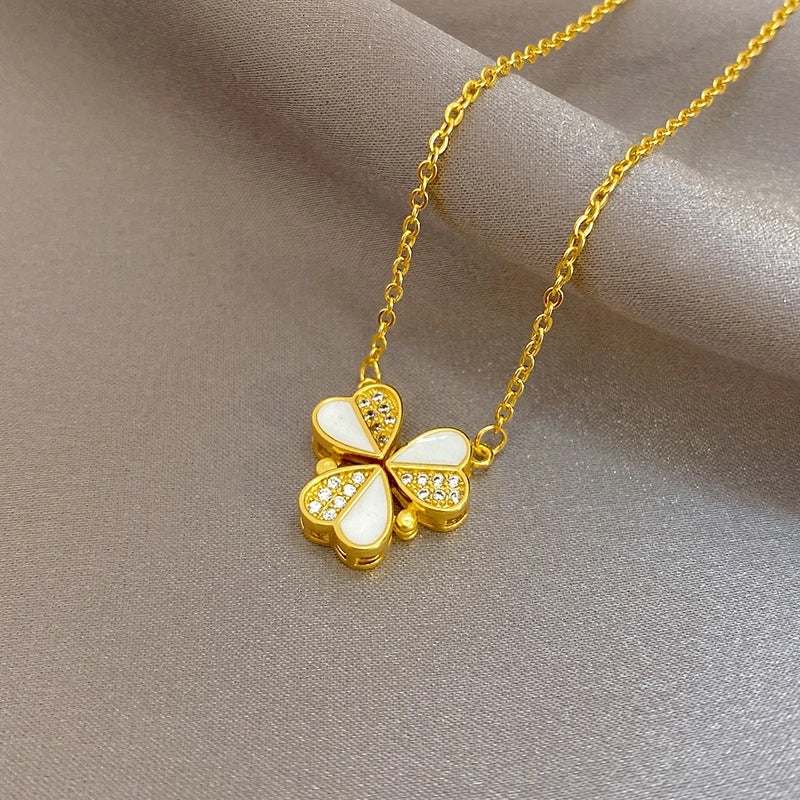 Fashion Flower Butterfly Titanium Steel Copper Pearl Plating Inlay Rhinestones Pendant Necklace 1 Piece