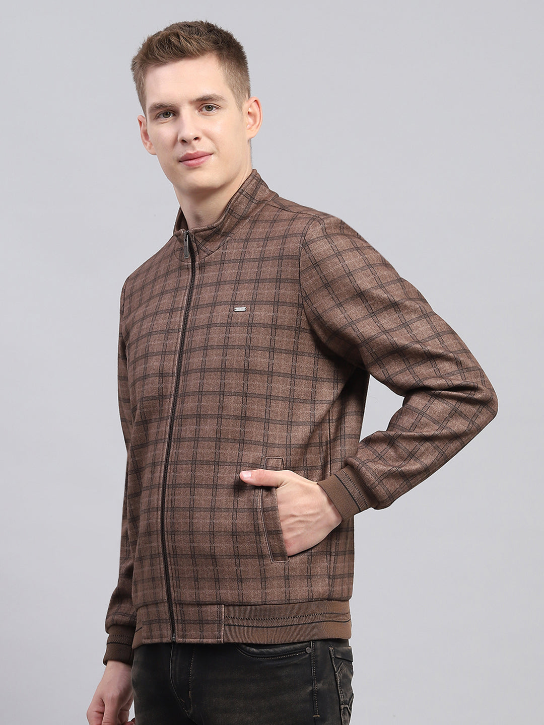 Men Brown Check Mock Neck Full Sleeve Jacket